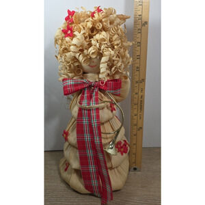 15” Corn Husk Angel w Red Flowers Horn Tabletop Display Figure Crafted Christmas